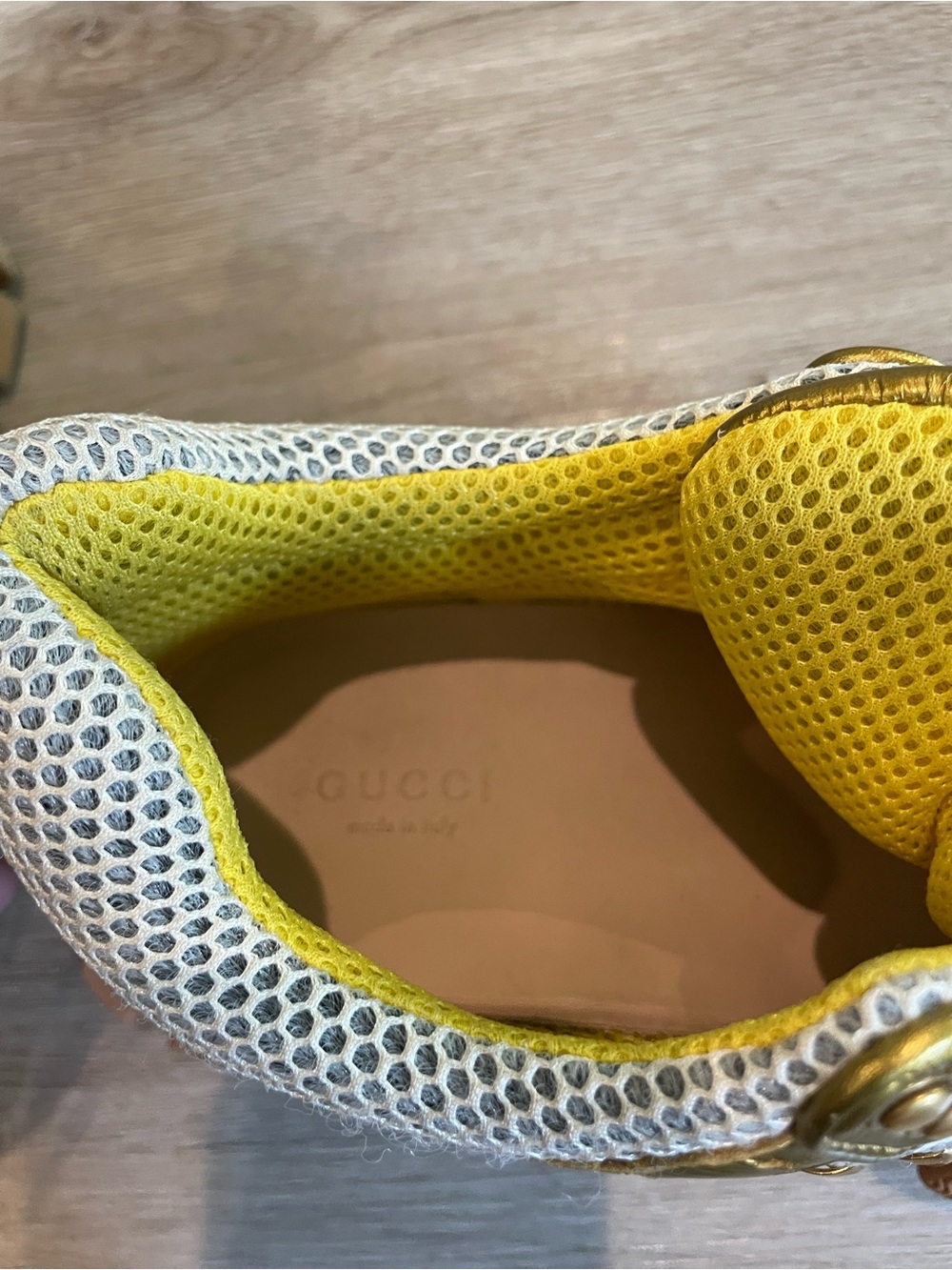 Gucci Metallic Gold, White & Tan Mesh Athletic Sneakers - Picture 8 of 13